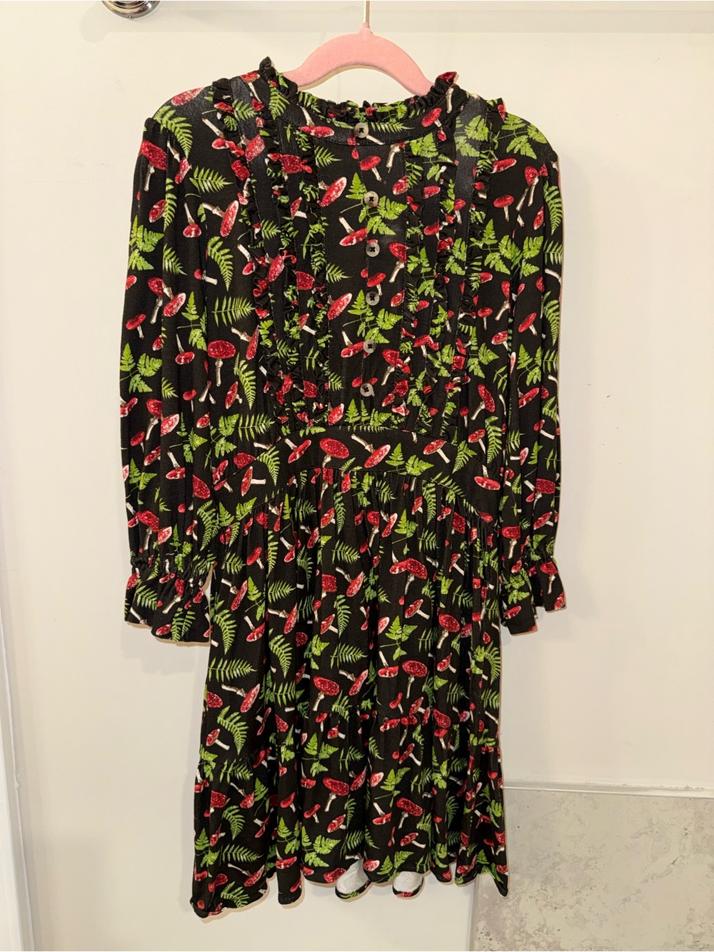 kate quinn Black Dress with Red Mushroom & Green Fern Print
